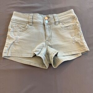 YMI Wanna Betta Butt Olive Green Distressed Denim Shorts Size 5/27 Double Button